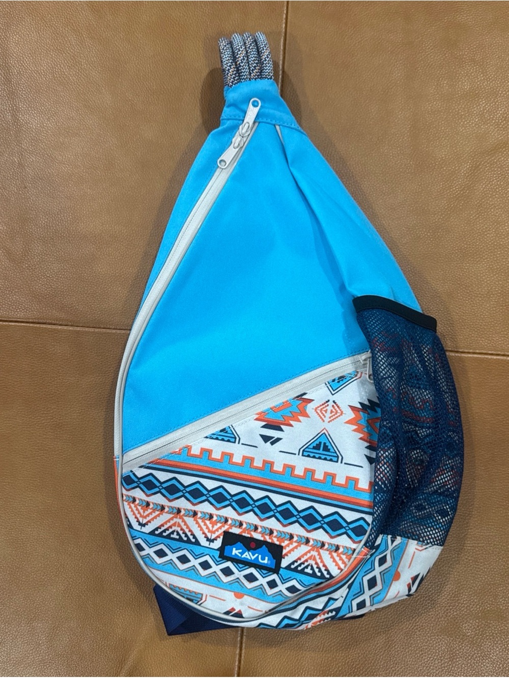 KAVU Paxton Pack Sling Crossbody Backpack Blue Tribal Print 18” Outdoor Bag